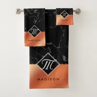 Elegant Black Marble & Bronze Foil Monogram Bath Towel Set