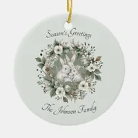 Cute Rabbits in a Floral Winter Wreath Ceramic Ornament