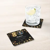 80th birthday black gold stars photo square paper coaster