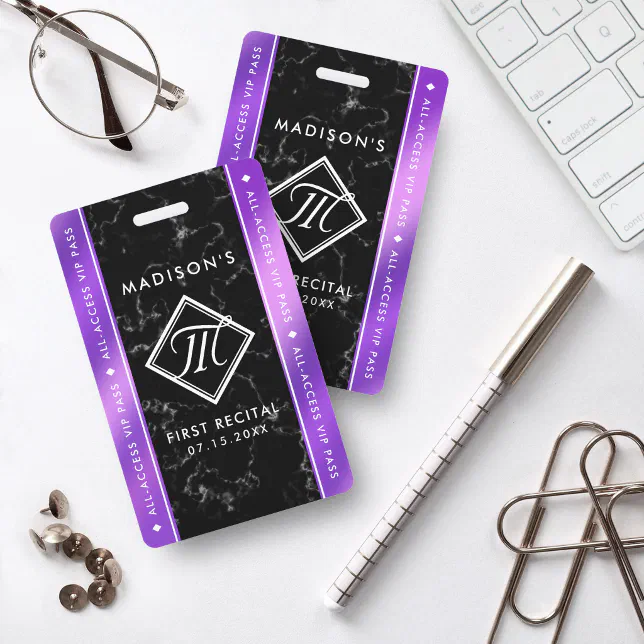 Elegant Deep Purple Foil Black Marble VIP Event Badge