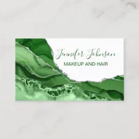 Makeup elegant typography green and silver agate business card