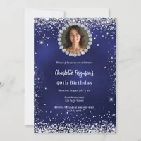 Birthday party navy blue diamond photo invitation