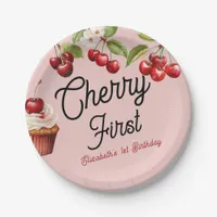 Cute Cherry First 1st Girly Birthday Pink Paper Plates