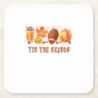 Tis The Season Leopard Football Halloween Fall Square Paper Coaster