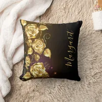 Black gold florals roses name script elegant throw pillow