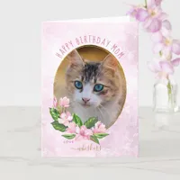 Modern Pink Gold Floral Wreath Cat Photo Birthday Card