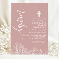 Dusty Rose White Floral Elegant Script Baptism Invitation