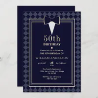 Glamorous Navy Blue & Gold Tuxedo Milestone Age Invitation