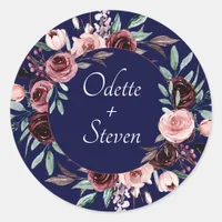 Botanical Navy and Burgundy Blooms Script Wedding Classic Round Sticker