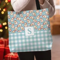 Vintage Santa Blue Gingham Monogrammed Christmas Tote Bag