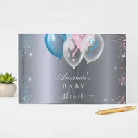 Gender reveal baby shower party silver blue pink guest book