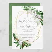 Tropical Greenery Geometric First Holy Communion Invitation