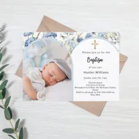 Blue florals photo arch boy cross Baptism Invitation