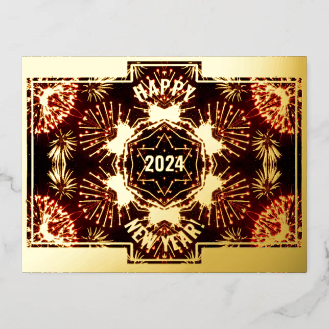 Happy New Year 2024 gold and fireworks symmetry  Foil Holiday Postcard