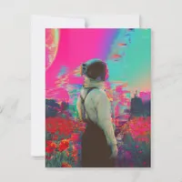 glitch astronaut lady in a poppy field postcard
