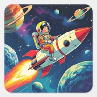 A Comic Book style Boy on a Rocket in Space Square Sticker