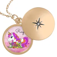  Pink Unicorn and Flowers Girl's Name  Gold Plated Necklace