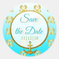 Aqua Blue and Gold Seahorse Save the Date Stickers