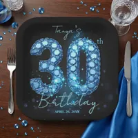 Glamorous Sapphire Blue Jewel Mosaic 30th Birthday Paper Plates