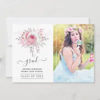 Pink and Silver Floral Graduation Photo Announcement