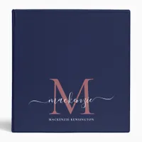 Elegant Navy Blue Rose Gold Monogram 3 Ring Binder