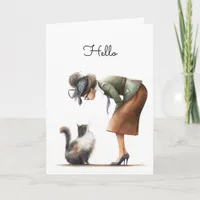 Cute Cat and Lady Whimsical Hello Greeting Card