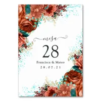Spanish Turquoise - Teal and Coral Floral Table Number