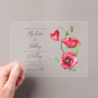 Rustic Elegant Watercolor Script Red Poppy Wedding Acrylic Invitations