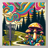 Psychedelic Disc Golf Basket and Retro Mushrooms Poster