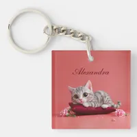 Cute January Cat with Carnations Keychain