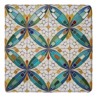 Geometric Mosaic Tile Pattern#5 Teal  White ID1078 Trivet