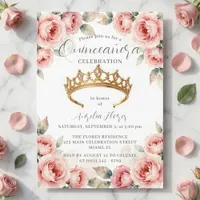 Romantic Blush Pink Roses Gold Tiara Quinceanera Invitation