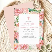 Blush Pink Watercolor Peony Rose Floral Baptism Invitation