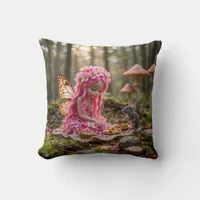Cute Pink Pixie and Mouse Picnic Throw Pillow