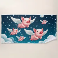 Whimsical Cute Flying Pigs in Starry Night Sky Beach Towel