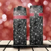 Hand Drawn Floral Black White Pattern & Red Name Thermal Tumbler