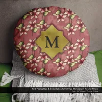 Red Poinsettias & Snowflakes Christmas Monogram Round Pillow