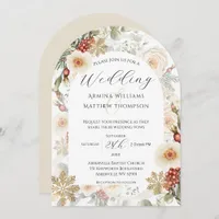 Elegant Rose and Pine Floral Arch Winter Wedding Invitation