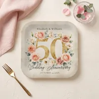Pink Floral Wreath Gold 50th Wedding Anniversary Paper Plates