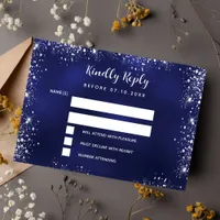 Navy blue silver glitter wedding RSVP Note Card