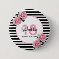 18th birthday girly pink roses black white stripes button