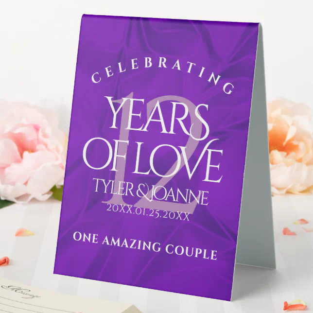 Elegant 12th Silk Wedding Anniversary Celebration Table Tent Sign