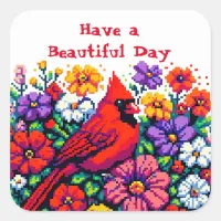 Red Cardinal and Flowers | Beautiful Day Square Sticker