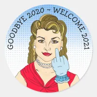 Funny Flipping the Bird Retro Lady Classic Round Sticker