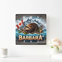 Canadian Beaver Holding Flag Near Mountains Square Wall Clock