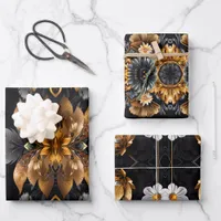 Gold floral, silver floral, black background wrapping paper sheets