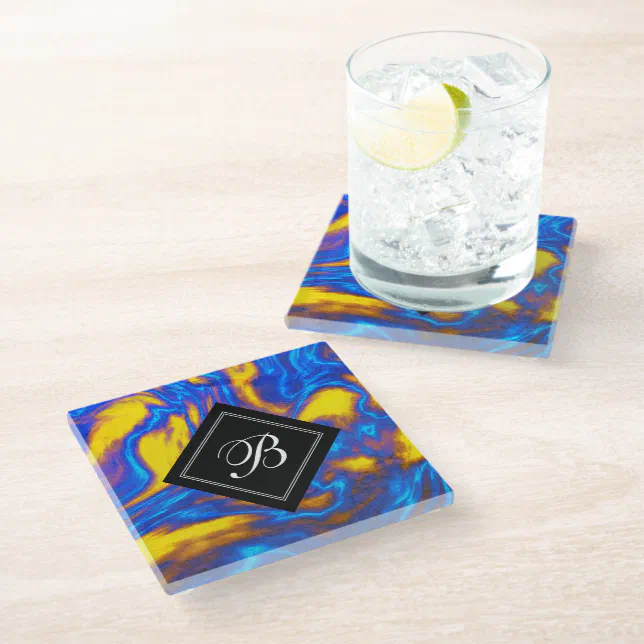 Abstract Modern Yellow Blue Purple Liquid Marble Glass Coaster