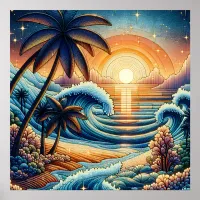 Mosaic Ai Art | Ocean Sunset and Palm Trees Poster