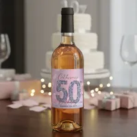 Glamorous Pink Bokeh Silver Sequins 50th Birthday Wine Label