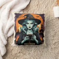 A witch brews up magic under a full moon throw pillow